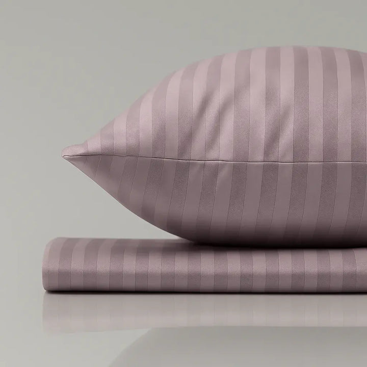 Supreme Rest Provence Bloom striped pillow and sheet – eco-friendly handcrafted bedding set for luxurious, calming sleep comfort.