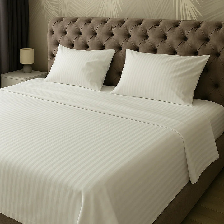 Pure bliss bedding experience with crisp white striped sheets and pillowcases on a king-sized bed, featuring a tufted headboard in a serene, softly lit bedroom