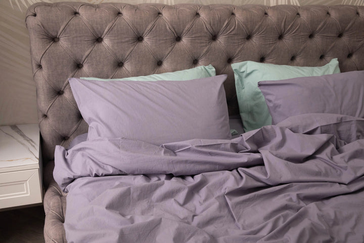 Supreme Rest’s custom-made lavender and seafoam bedding set, styled for a luxurious sleep sanctuary with eco-friendly elegance and plush comfort