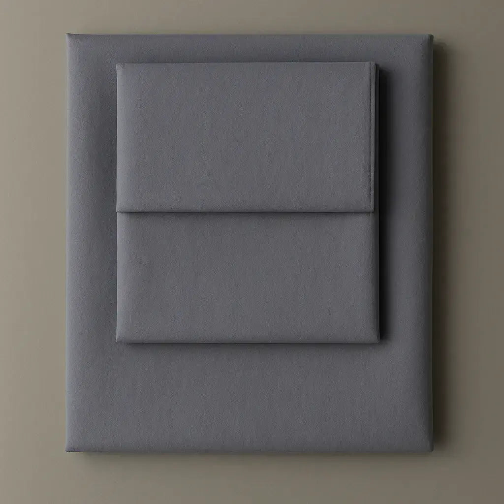 Supreme Rest Slate Blue Serenity folded sheet and pillowcase set – eco-friendly custom bedding for modern, elegant and sustainable sleep.
