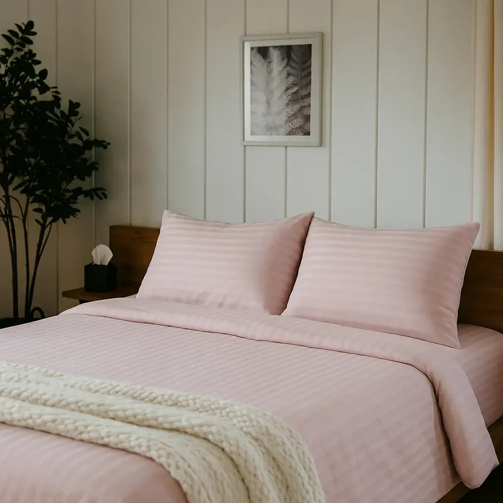 Modern bedroom with soft pink stripe sateen bedding set “Strawberry Soufflé” for a cozy and elegant sleep.