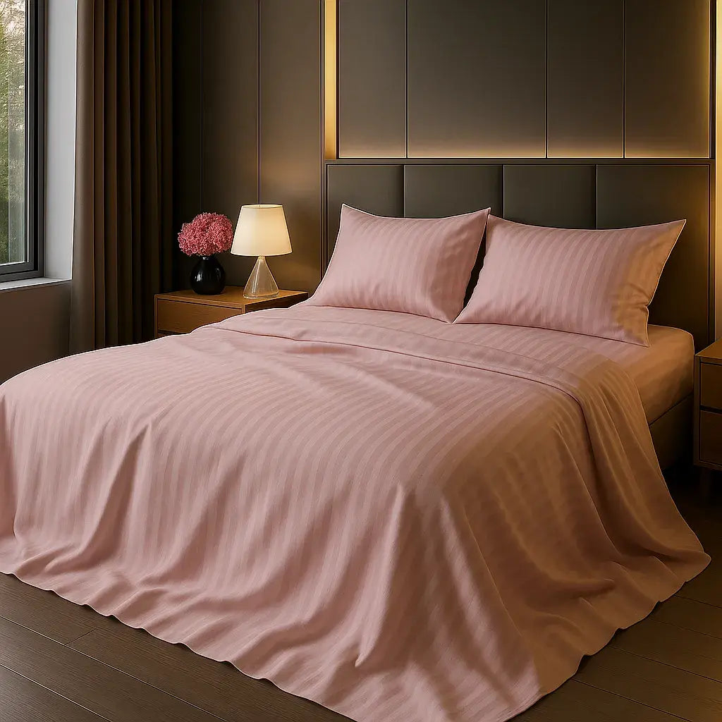 Elegant bedroom with pink stripe sateen bedding set “Strawberry Soufflé”, luxury cotton sheets and pillowcases.