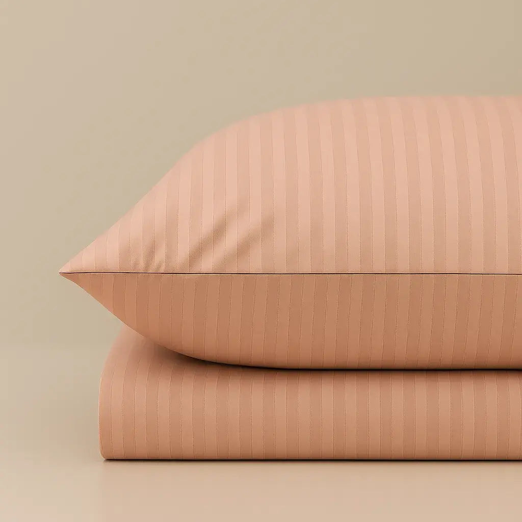 Soft pink stripe sateen bedding “Strawberry Soufflé”, cotton pillow and sheet for modern bedrooms.