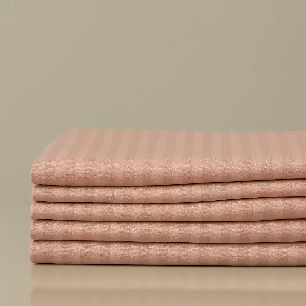 Luxury pink stripe sateen cotton sheets “Strawberry Soufflé”, soft and durable bedding for modern interiors.