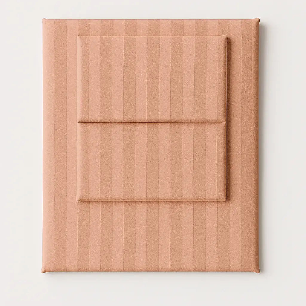 Pink stripe cotton sateen bedding “Strawberry Soufflé”, soft and stylish folded sheet set.