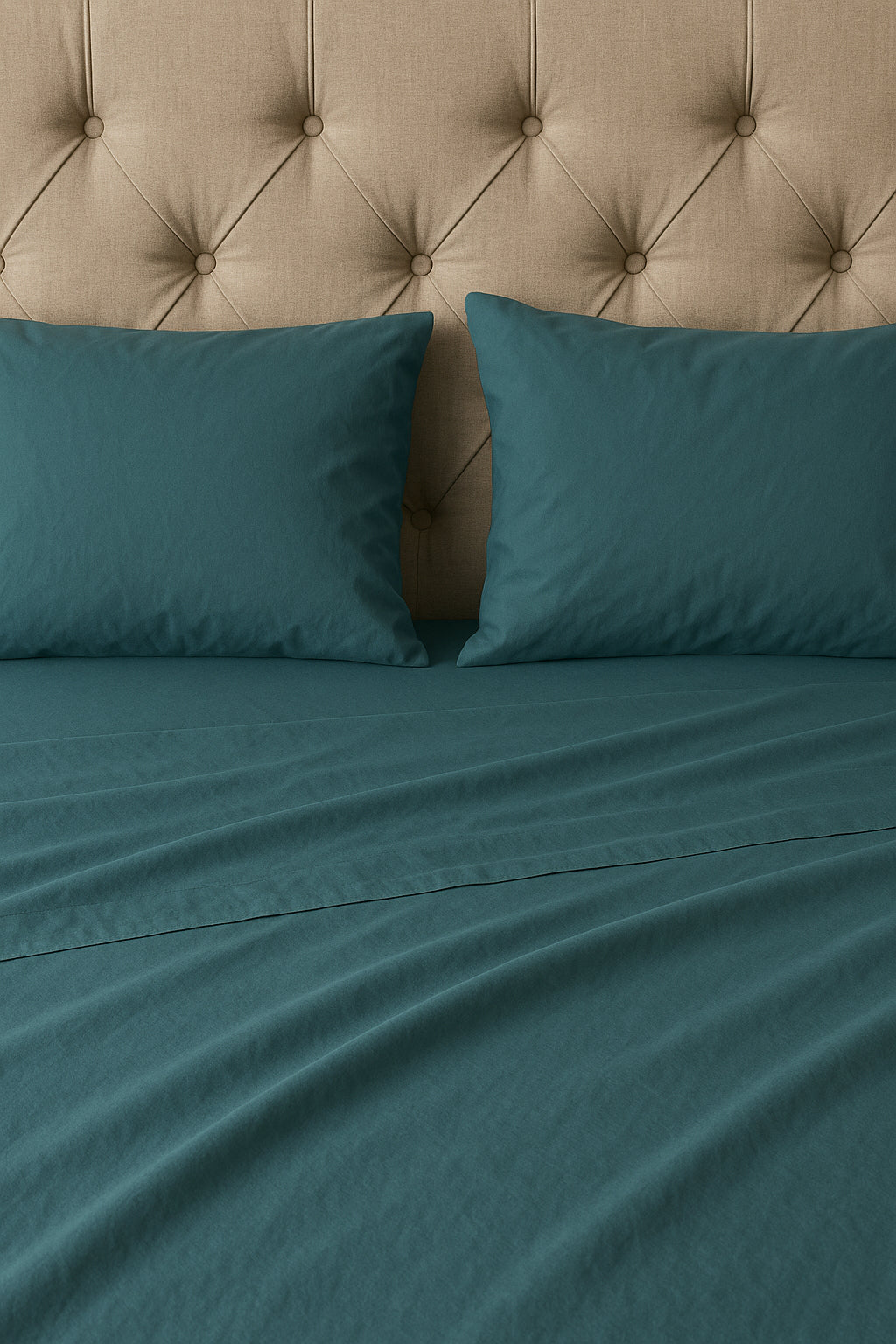 Elegant bedding set in muted blue-green tones layered over a beige diamond-tufted headboard, featuring soft, lightly textured fabric folds