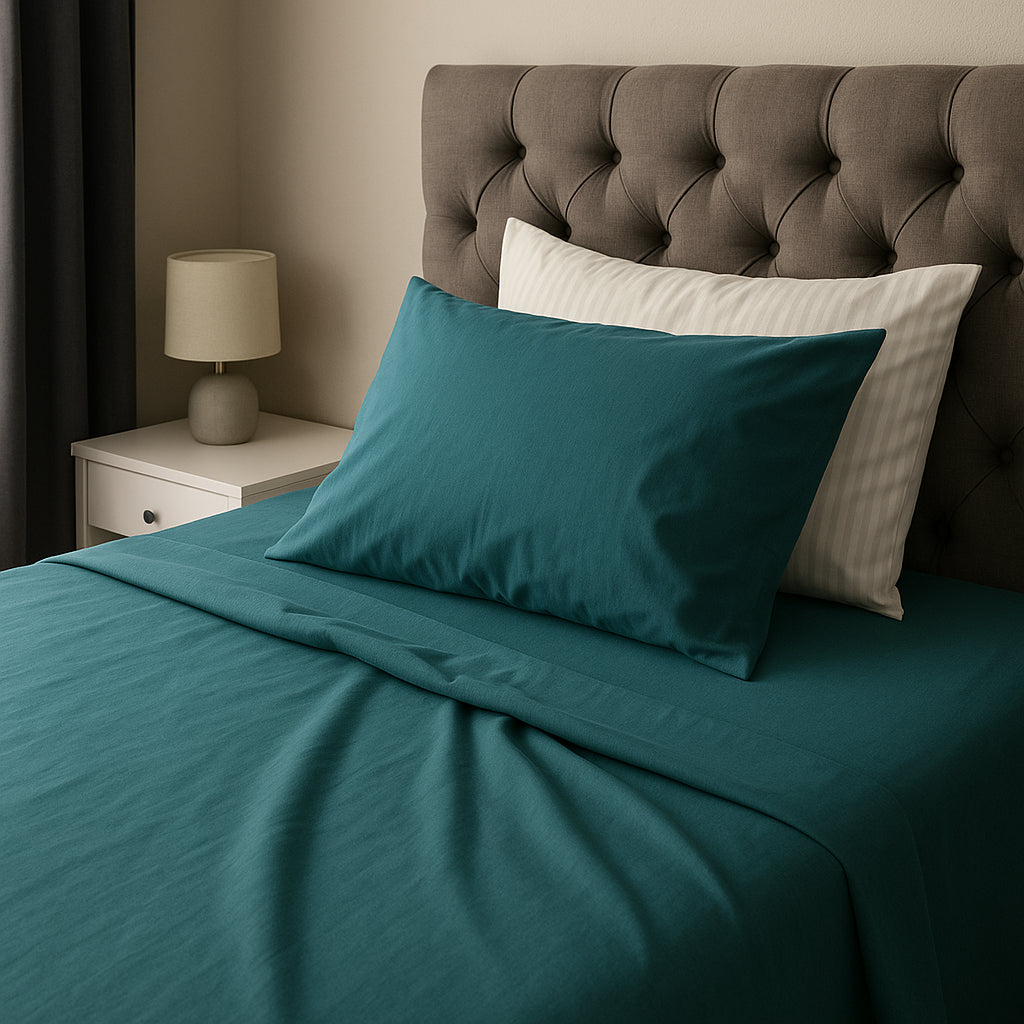 Cozy modern bedroom with deep teal bedding on a tufted headboard bed, styled beside a white nightstand and soft beige lamp