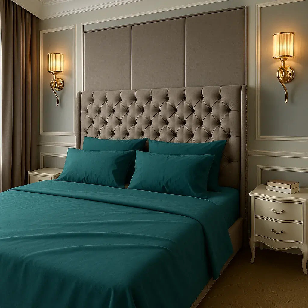Elegant bed with teal-colored bedding, including a duvet cover and multiple pillows, set against a tufted beige headboard in a classic, softly lit bedroom.