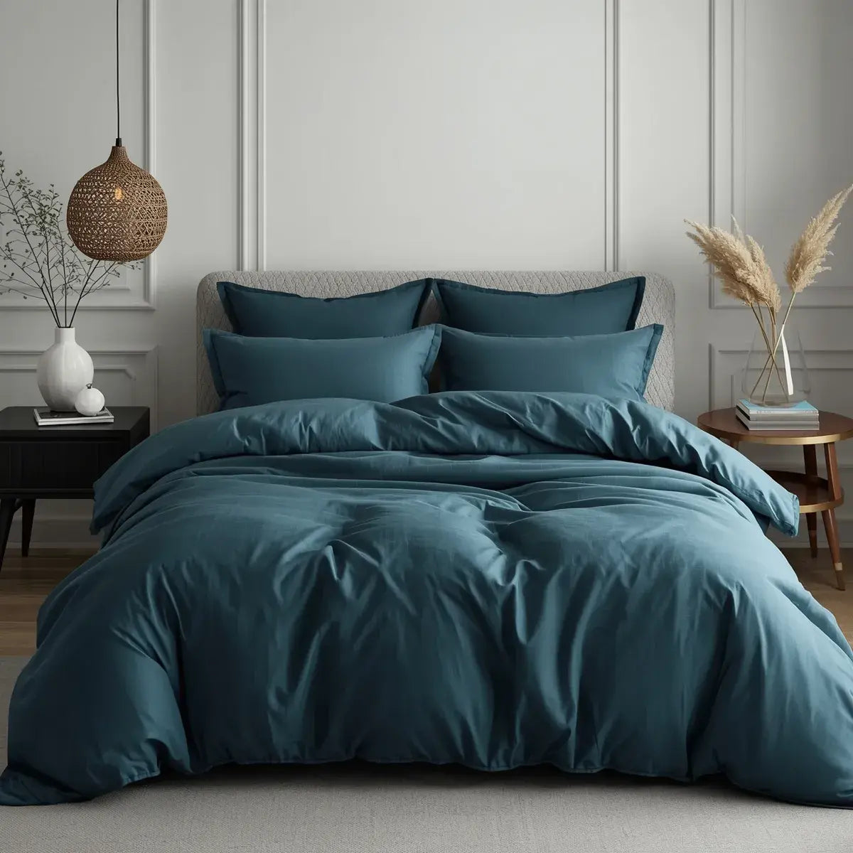 Teal bedding set on a bed in a bedroom with decorative elements.