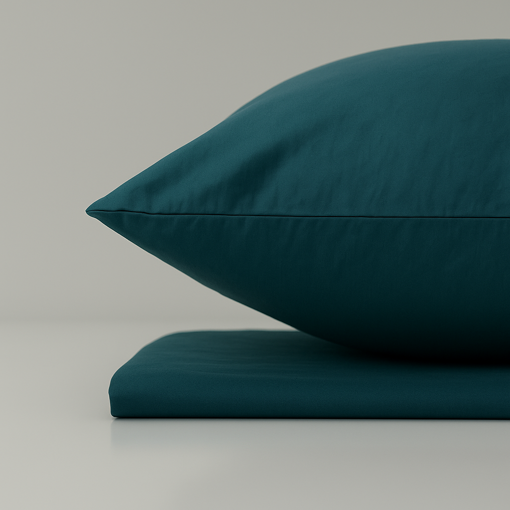 Supreme Rest eco-friendly custom-made bedding set with deep teal pillow and sheet – luxurious, sustainable sleep essentials.