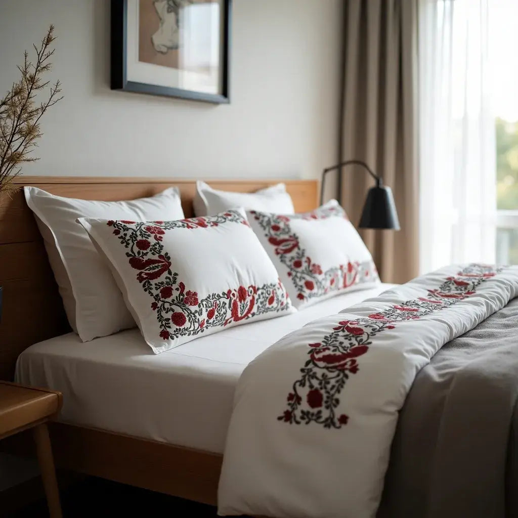 White cotton bedding with red and black vine embroidery symbolizing family continuity and heritage.