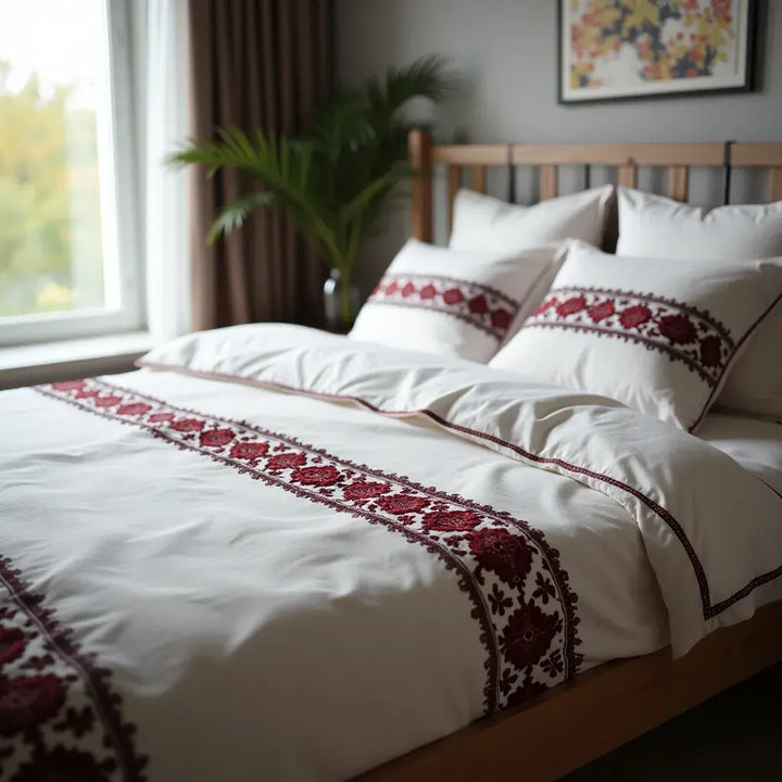 White embroidered bedding with red floral motifs and black accents expressing love and tenderness.