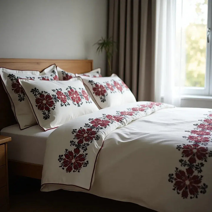 White bedding set with fine red-black embroidery inspired by Ukrainian warmth and spiritual light.