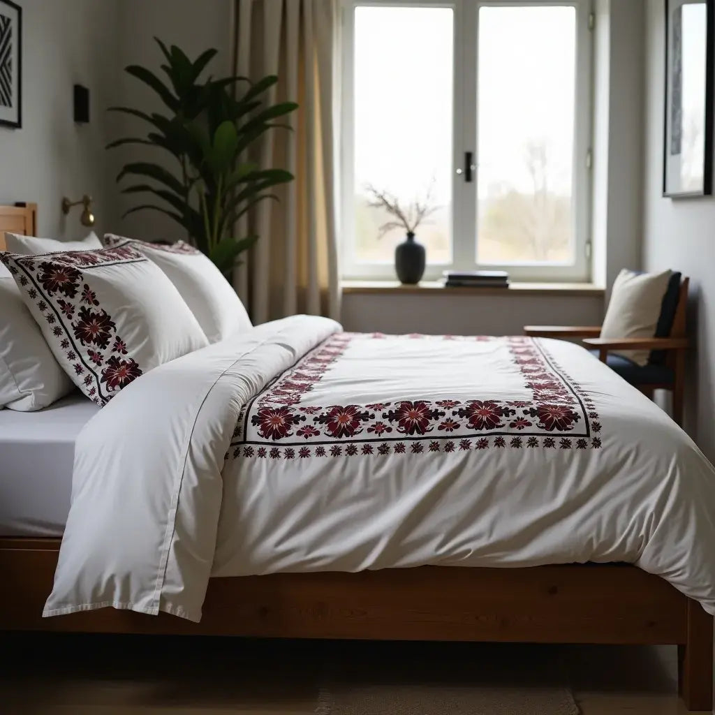 White cotton duvet with Vinnytsia floral embroidery in red and black, honoring Ukrainian craft tradition.