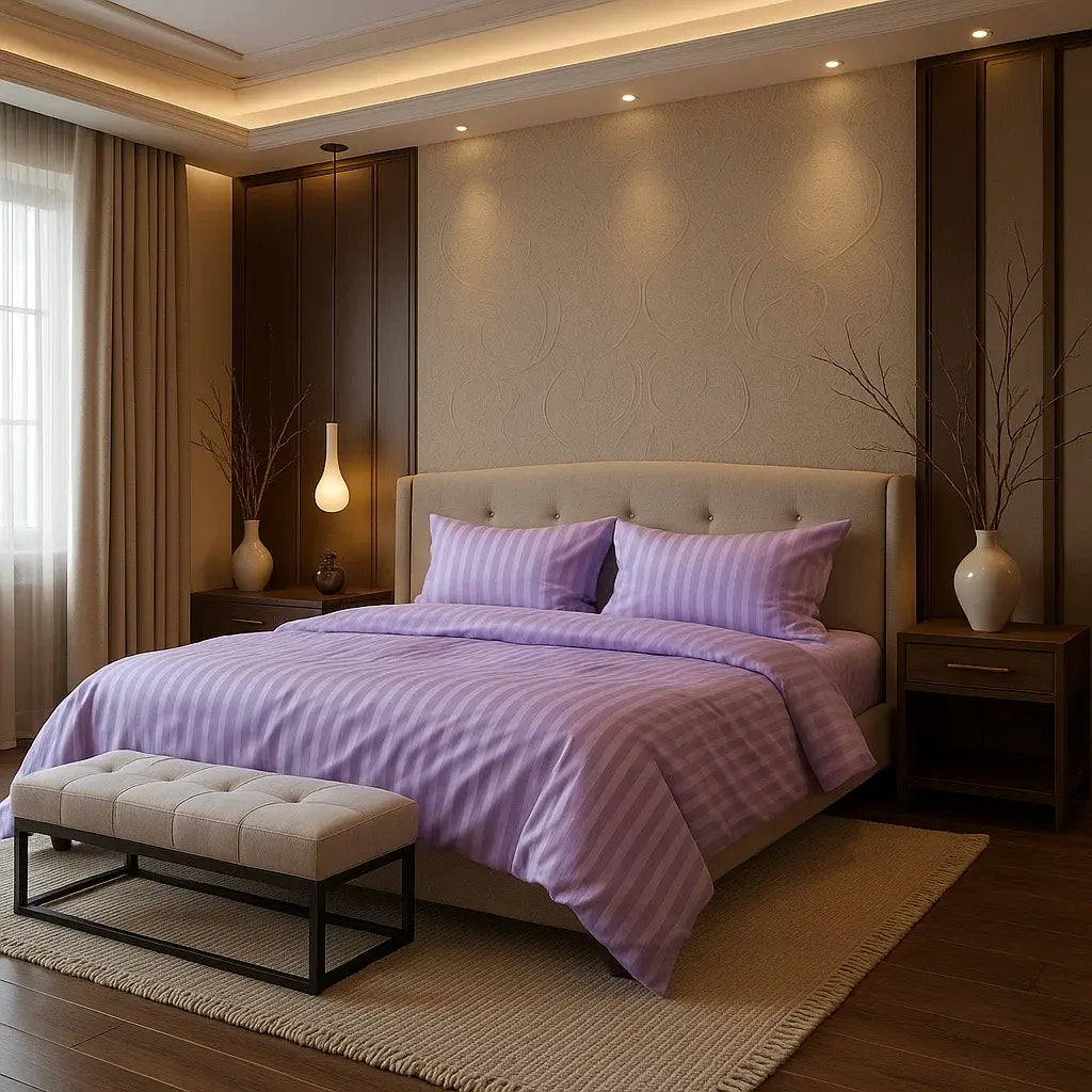 Supreme Rest eco-friendly custom-made lavender stripe bedding in a modern bedroom – luxury and comfort for restful sleep.