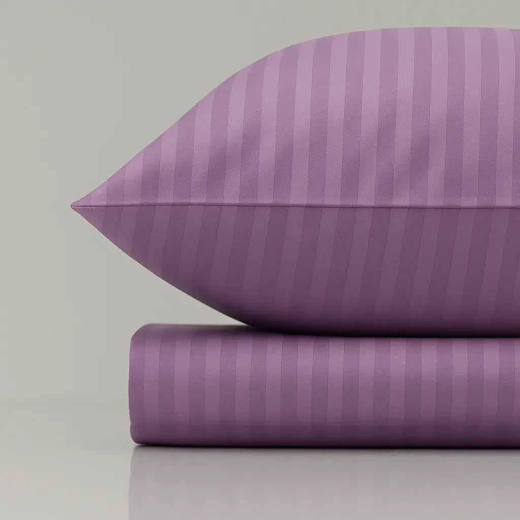 Lilac striped sateen bedding set with pillowcase, crafted for a smooth, luxurious feel in your bedroom.