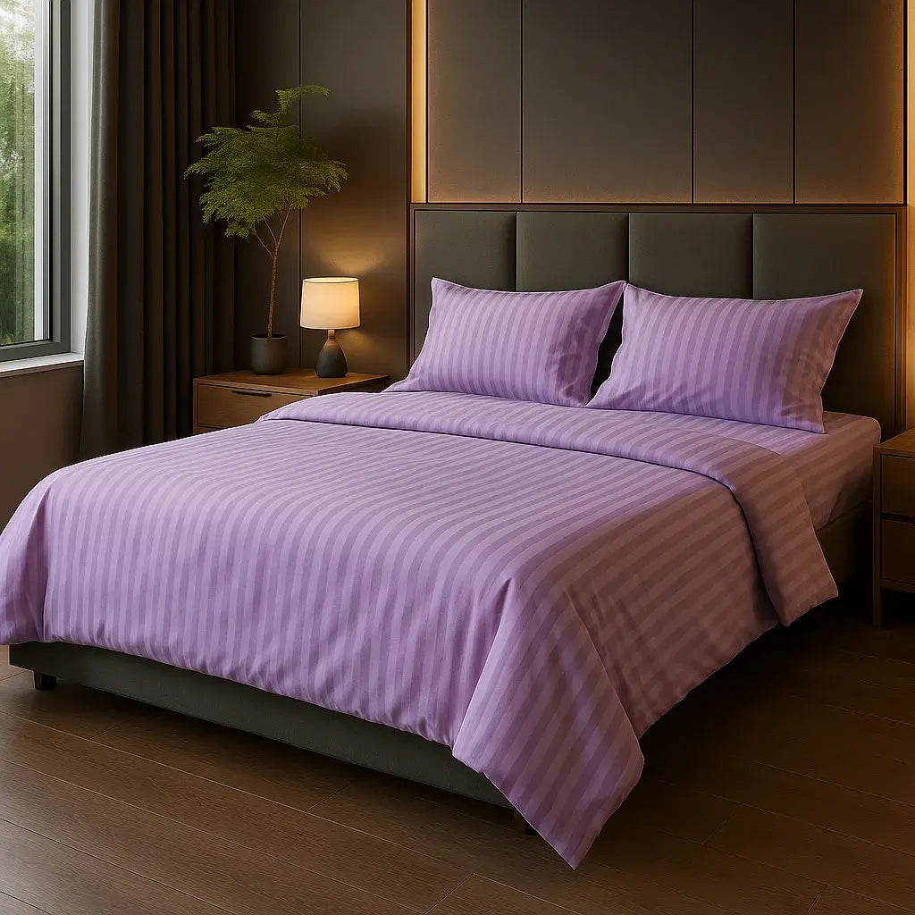 Luxury bedroom with lilac stripe sateen bedding “Wisteria Whisper” - elegant duvet cover and pillowcases set.