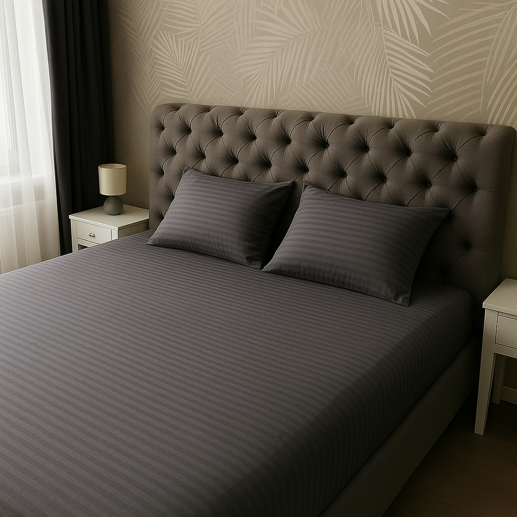 Dark grey striped fitted sheet with two matching pillowcases on a tufted headboard bed, styled in a modern bedroom with beige palm-patterned wallpaper and white nightstands.